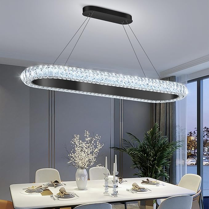 40'' Oval Ring Crystal Chandelier Modern LED Dimmable Ring Pendant Light Chandelier for Dining Room Living Room Black