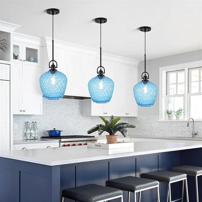 Large Glass Pendant Lights Kitchen Island, 10" 1-Light Black Pendant Light Fixtures with Blue Hammered Glass, Modern Hanging Light for Kitchen Island Dining Room Entryway Foyer