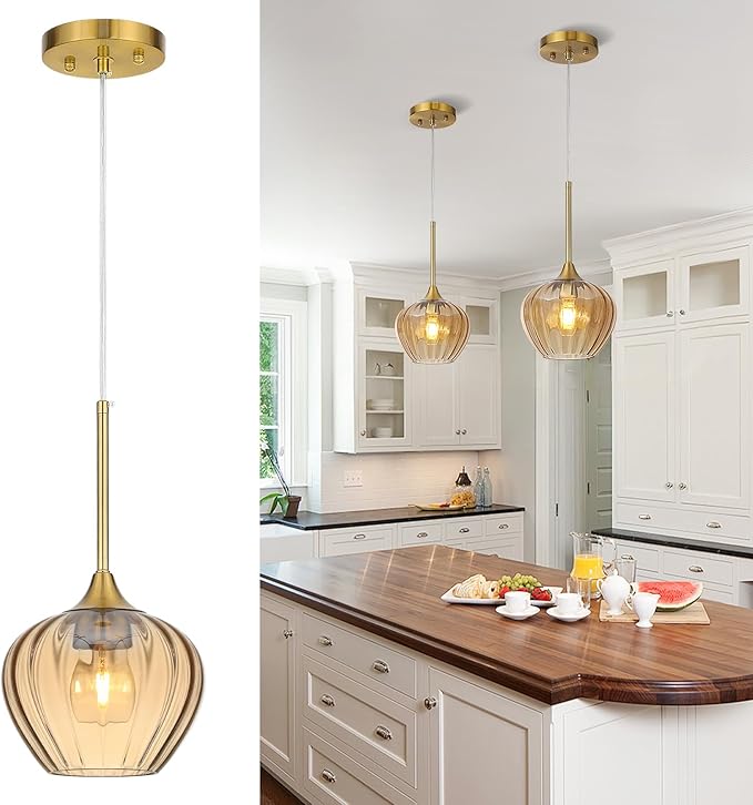 7 Inch Amber Glass Pendant Lights Kitchen Island, Modern Adjustable Pendant Light Fixtures Vintage Gold Ceiling Hanging Lamp for Dining Room Bathroom Bedroom