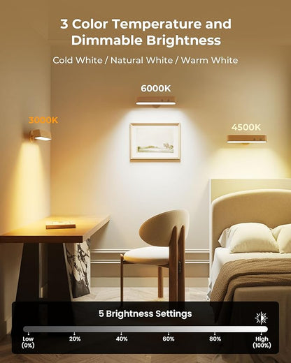 Rechargeable Indoor Wall Sconce Wood, LED Wall Light for Bedroom,Touch and Remote Control,360° Rotate Walnut Wood Wall Light,3 Colors Dimmable Brightness Wall Lamp with 15 RGB Colors,1 Pack