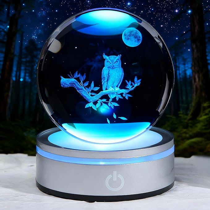 Owl Gifts, 3D 3.15 Inch (80mm) Crystal Ball Owl Lamp with Battery Powered, RGB Color Light for Birthday Xmas Cool Upgraded Owl Figurines Gifts for Room Decor Boys Girls