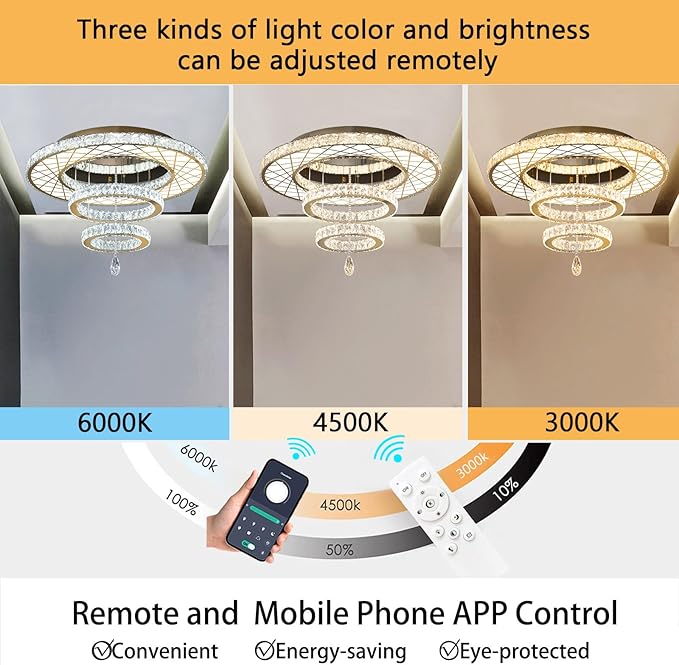 HAIXIANG 40 Inch LED Chandelier, Ceiling Light for Living Room Flush Mount Lighting Fixtures Remote Dimmable, Compatible with Sloped Dome Ceiling Install, Gold