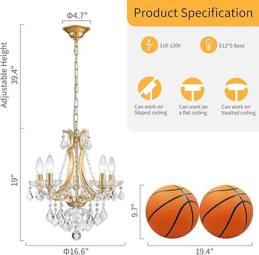 WUZUPS 5-Light Crystal Candle Chandelier Pendant Ceiling Light Modern Lighting Fixture for Bedroom Hallway Bar Kitchen Bathroom, H 19" W 16.6", E12 Base, Gold