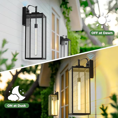 DORESshop 24 Inch Large Size Dusk to Dawn Outdoor Wall Lights, Matte Black Waterproof Anti-Rust Outdoor Light Fixtures Wall Mount with Clear Glass Shade for Porch, with T30 Light Bulbs, 2 Pack
