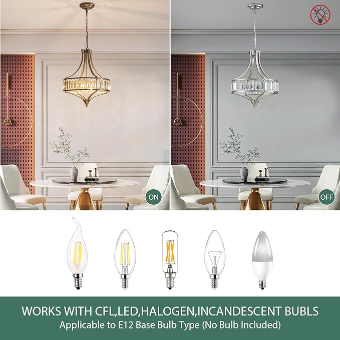 Modern Crystal Chandelier Brushed Nickel, Round Pendant Lighting Fixtures, 15.7" Height Adjustable Farmhouse Ceiling Light for Living Room, Kitchen Island, Dining Room