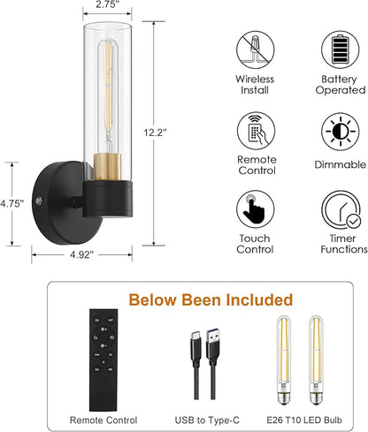 Battery Operated Wall Sconce Set of 2, Wireless Wall Lights with Remote Control, Rechargeable Dimmable Wall Lamps for Bedroom Bathroom Living Room Hallway Decor Stairwell, Black & Gold, 3000K