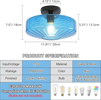 Blue Glass Ceiling Light, 11.8 Inches Mid Century Semi Flush Mount Ceiling Light Retro Small Chandelier Glass Overhead Lighting for Girl's Room Kids Room Nursery Bedroom Closet Hallway E26