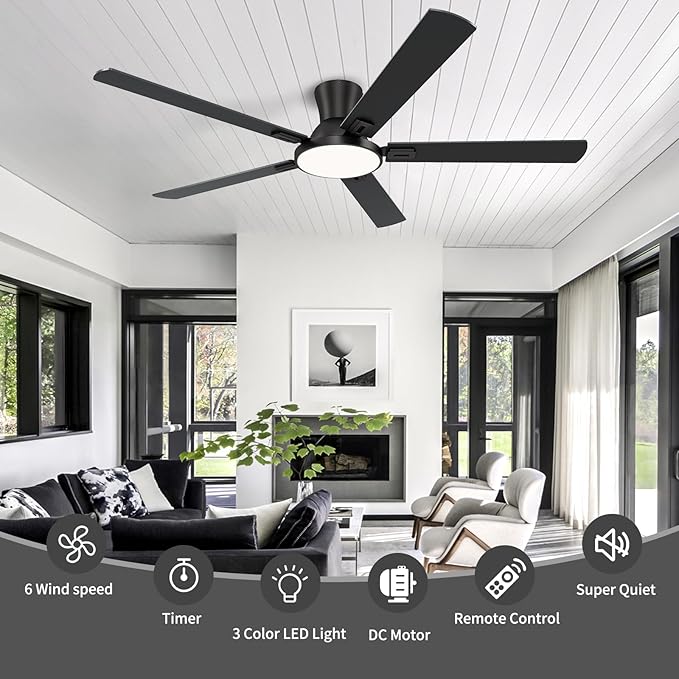 60 Inch Black Ceiling Fans with Lights and Remote, Flush Mount Low Profile 5 Blades Ceiling Fan with 10 Inch Lighting Fixture, Quiet Reversible DC Motor for Living Room, Bedroom and Patio