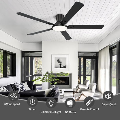60 Inch Black Ceiling Fans with Lights and Remote, Flush Mount Low Profile 5 Blades Ceiling Fan with 10 Inch Lighting Fixture, Quiet Reversible DC Motor for Living Room, Bedroom and Patio