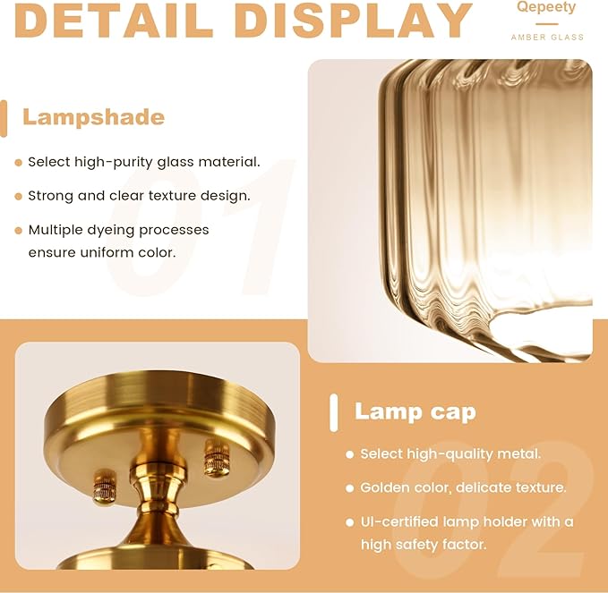 Mid Century Modern Flush Mount Light with Amber Striped Hand-Blown Glass Shade, 11.02" Gold Ceiling Fixture Farmhouse Close-to-Ceiling Lighting for Kitchen Dining Room Hallway