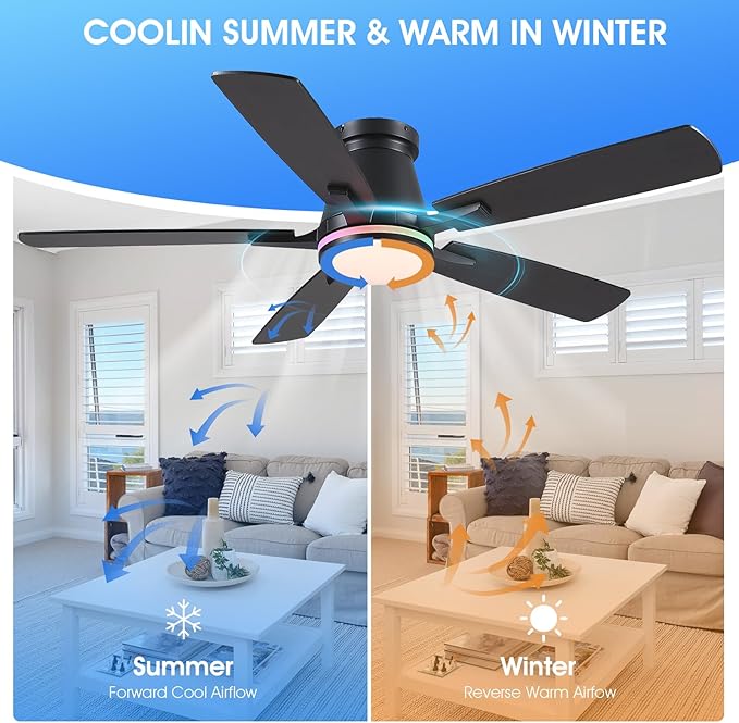 Surtime 52" Ceiling Fans with RGB Lights-Low Profile Ceiling Fan with Light and Remote/APP Control,Flush Mount,DC Reversible,LED Dimmable Black Ceiling Fans for Bedroom,Indoor/Outdoor Patio Use