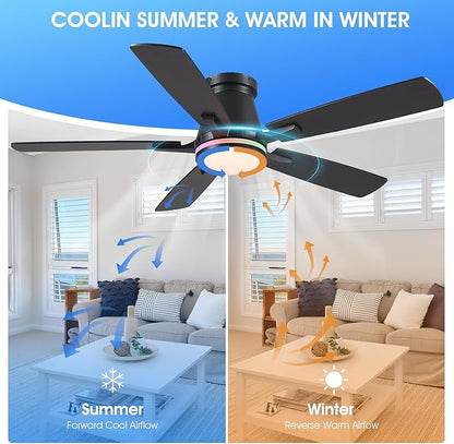 Surtime 52" Ceiling Fans with RGB Lights-Low Profile Ceiling Fan with Light and Remote/APP Control,Flush Mount,DC Reversible,LED Dimmable Black Ceiling Fans for Bedroom,Indoor/Outdoor Patio Use