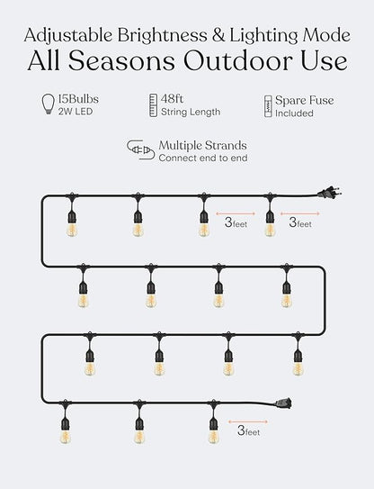 Brightech Ambience Pro - Waterproof LED Outdoor String Lights - 15 Bulbs, Dimmable 2W Vintage Spiral Edison Bulbs - 48 Ft Commercial Grade Patio Lights Cafe Ambience in Your Backyard