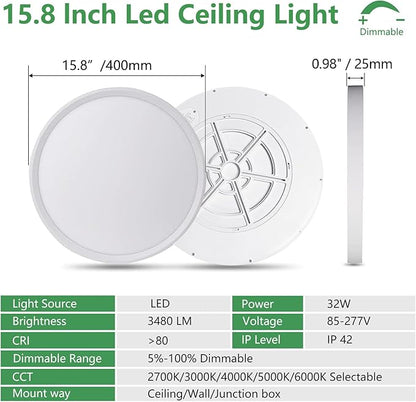 15.8 Inch Dimmable LED Flush Mount Ceiling Light, 32W, 3480LM, 3000K/3700K/4000K/5000K/6000K, Round Flat Panel Low Profile Ceiling Light Fitures for Hallway, Kitchen, Bedroom, 1PK White