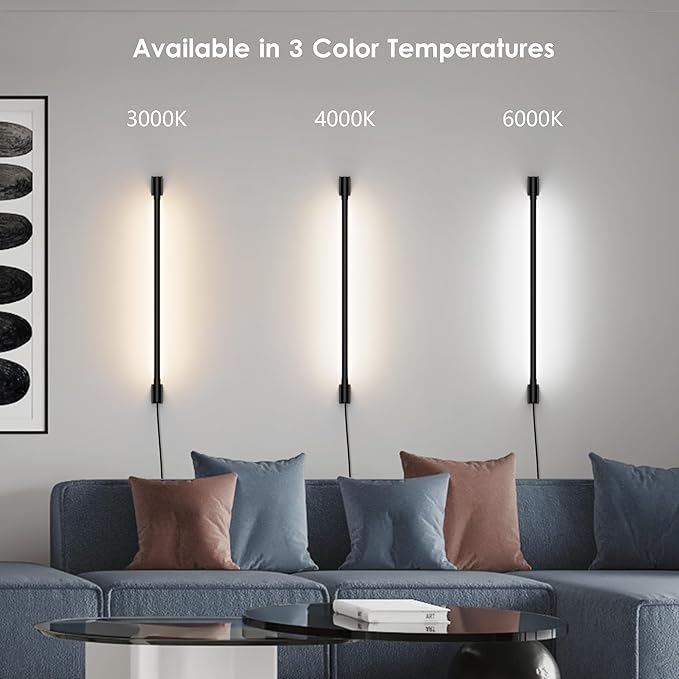 Aipsun 23.6inch Plug in Wall Sconces Black Wall Light with Remote Modern LED 3 Color Temperatures Sconces Wall Lighting for Living Room Bedroom Hallway