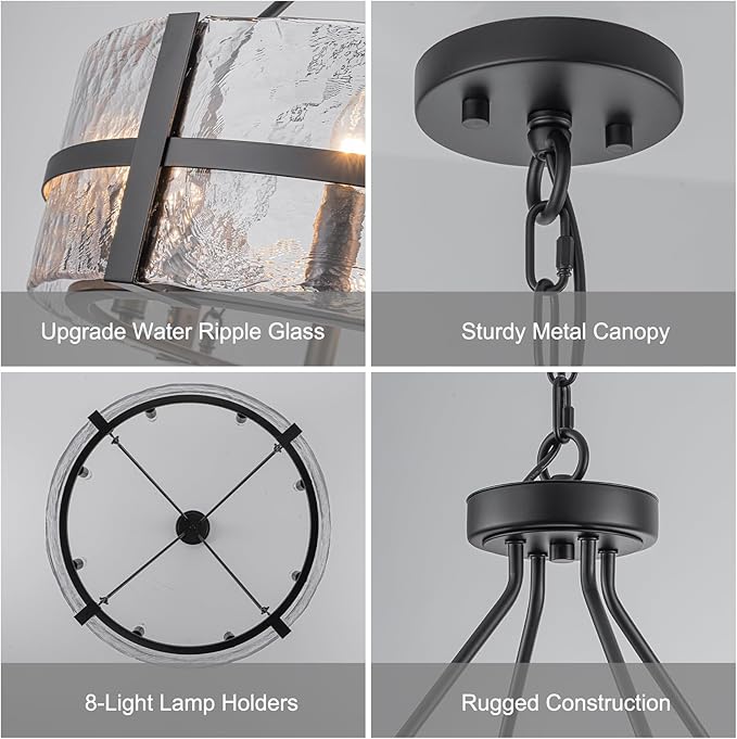 28" Black Glass Chandelier for Dining Room, 8-Light Modern Large Glass Drum Chandelier Dining Room Light Fixture Over Table, Hanging Pendant Light for High Ceiling Foyer Living Room