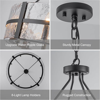 28" Black Glass Chandelier for Dining Room, 8-Light Modern Large Glass Drum Chandelier Dining Room Light Fixture Over Table, Hanging Pendant Light for High Ceiling Foyer Living Room