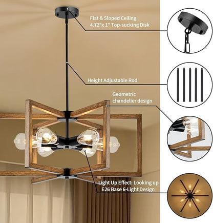6 Light Farmhouse Chandelier, 23.62" Modern Chandelier for Entryway with Wooden Finish Industrial Rustic Hanging Pendant Light for Bedroom,Kitchen,Foyer,Living,Dining Room Lighting Fixtures