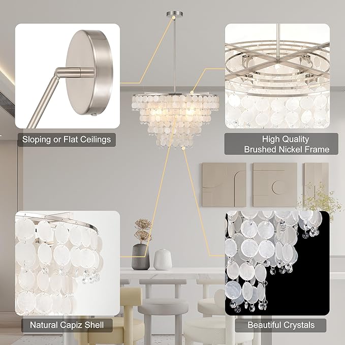 Natural Capiz Shell Chandelier, Coastal Modern Chandelier, Hanging Round Layered Pendant Lighting(4 Light, Nickel)