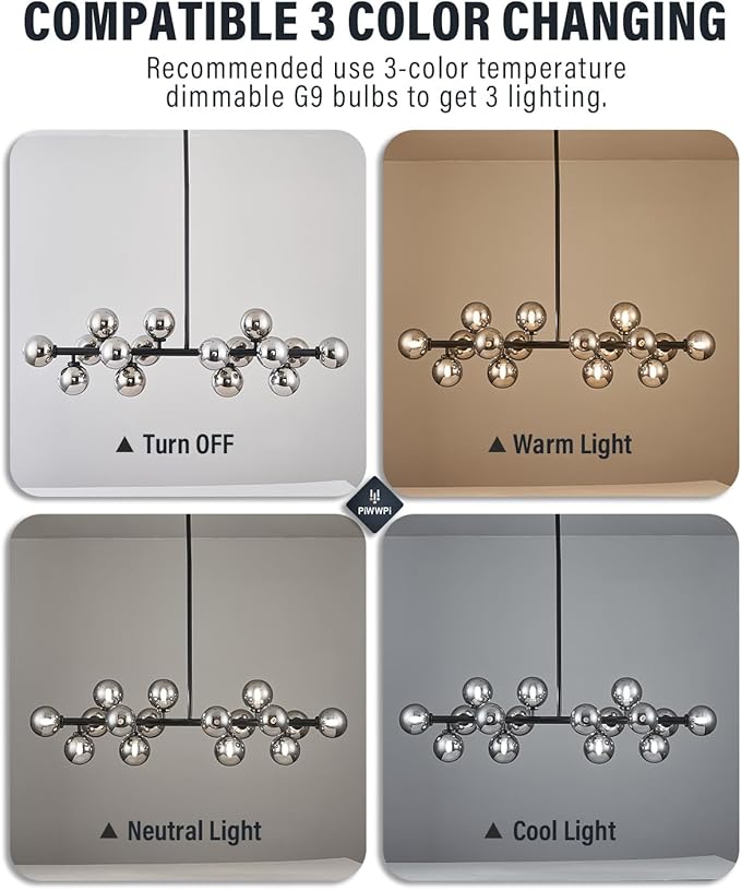 Glass Globe Sputnik Chandelier, 16-Light Mid Century Modern Light Fixture Over Table, Linear Chandeliers for Dining Room, Kitchen Island, Black and Smoke Grey Bubble, 40 Inch, GC-02