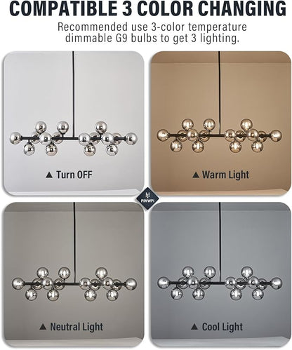Glass Globe Sputnik Chandelier, 16-Light Mid Century Modern Light Fixture Over Table, Linear Chandeliers for Dining Room, Kitchen Island, Black and Smoke Grey Bubble, 40 Inch, GC-02
