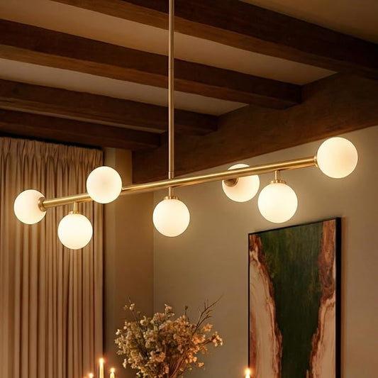 Mid Century Chandelier, Gold Sputnik Pendant Light with White Glass Lampshade,7 Lights Globe Rectangle Linear Chandeliers for Dining Room Kitchen L43.3 in x W11.8 in