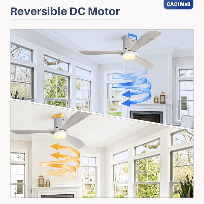 CACI Mall 52 Inch Wood Flush Mount Ceiling Fan with Lights, 3 Blades, Low Profile, Modern, 3CCT, Dimmable, Noiseless, Remote Contral, Outdoor Indoor Ceiling Fans for Bedroom/Farmhouse/Patio
