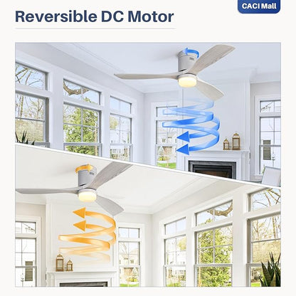 CACI Mall 52 Inch Wood Flush Mount Ceiling Fan with Lights, 3 Blades, Low Profile, Modern, 3CCT, Dimmable, Noiseless, Remote Contral, Outdoor Indoor Ceiling Fans for Bedroom/Farmhouse/Patio