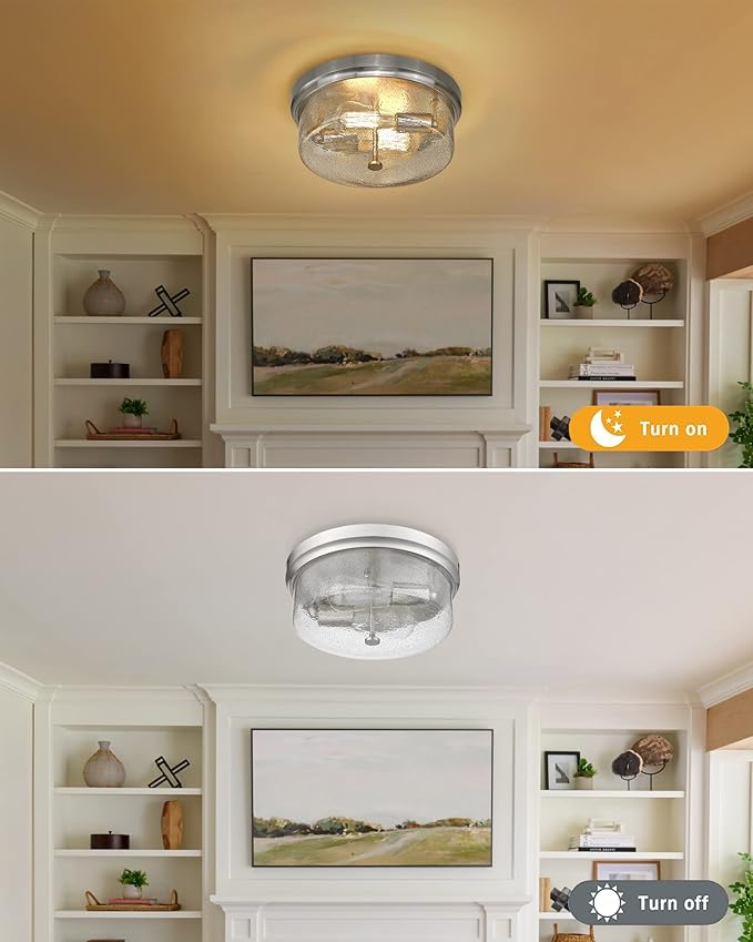12inch Flush Mount Ceiling Light, Close to Ceiling Light Fixtures, Brushed Nickel Finish with Handmade Seeded Smoky Art Glass Shade for Living Bedroom Room Hallway