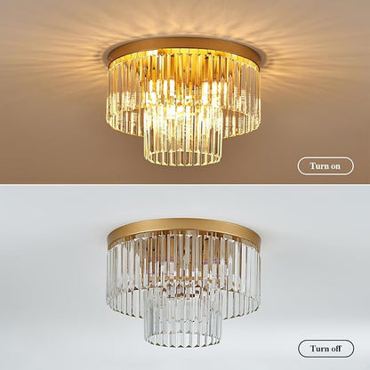 17" Gold Crystal Ceiling Light 9-Light Modern Crystal Light Fixture 2-Tier Luxury K9 Crystal Ceiling Light,for Dining Room Kitchen Island Living Room Bedroom