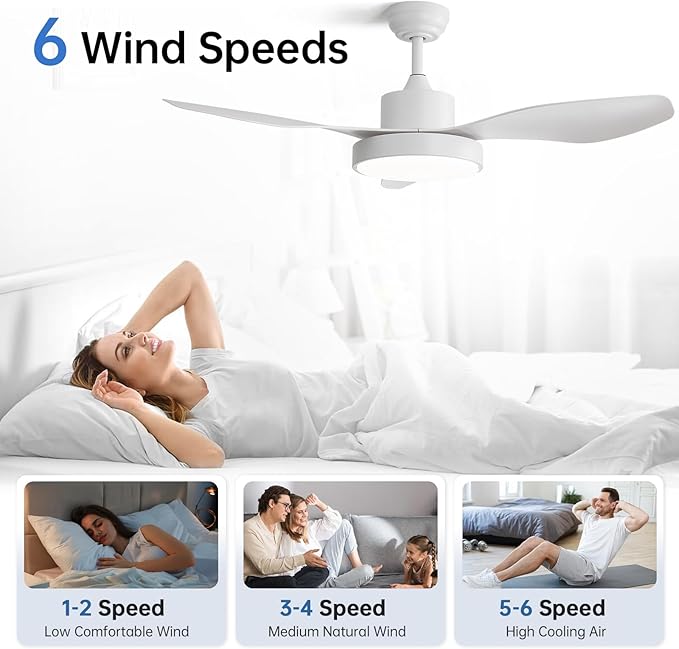 48 Inch Ceiling Fan with Lights Flush Mount Modern Energy-Efficient Outdoor Ceiling Fans with Remote,3 CCT Dimmable Quiet DC Motor & Timer for Patio/Bedroom/Farmhouse (White, 48 Inch/Smart Control)