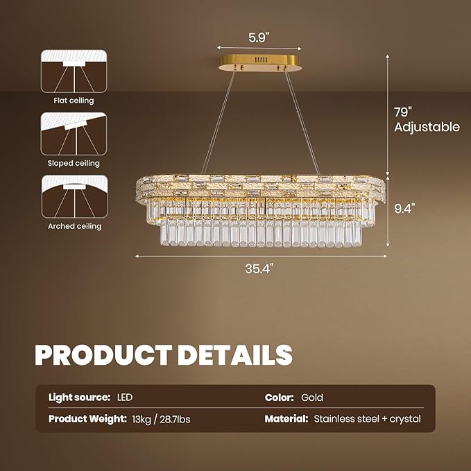 SNZ 35.4" L Modern Crystal Chandelier, Gold Large Chandeliers for Dining Room, K9 Luxury Chandelier, Pendant Light Fixture, LED Chandelier for Living Room Kitchen Island Entryway
