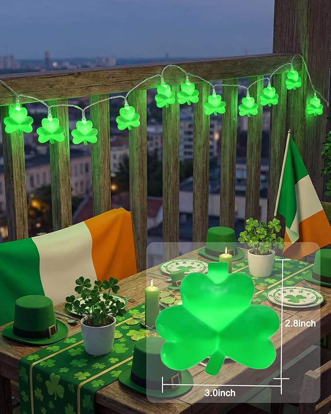 SUNSGNE St. Patrick's Day Lights Shamrocks Decorative String Light, Lucky Clover String Lights with 10 LED Green Fairy Bulbs for Indoor Outdoor St. Patrick's Party Holiday Decor, White Wire