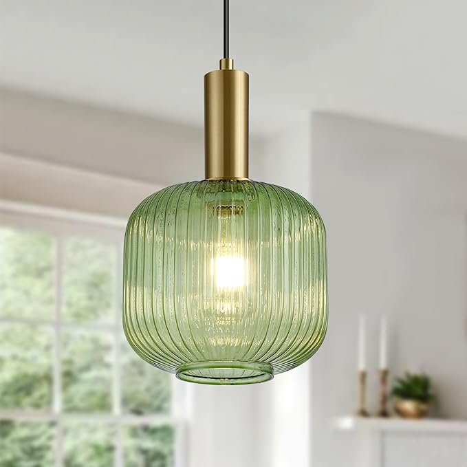 8 Inch Green Glass Pendant Lights Small Modern Chandelier Pendant Lighting Mid Century Hanging Lights Adjustable Kitchen Island Light for Dining Room Bedroom Hallway