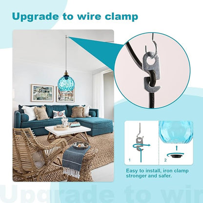 Blue Globe Glass Plug in Pendant Light Mid Century Modern Hanging Ceiling Light Fixture 14.75FT Black Chandelier Lighting for Bedroom Living Room Dining Room