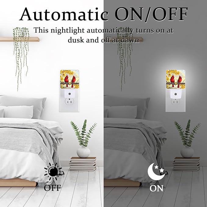 Red Cardinal Night Light, Plug-into Wall Yellow Flower Bird on Branch Nightlight Lamp with Dusk to Dawn Sensor, Led Lamp 0.5W Energy Efficient for Boys Girls Adults Home Decor