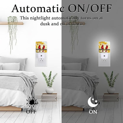 Red Cardinal Night Light, Plug-into Wall Yellow Flower Bird on Branch Nightlight Lamp with Dusk to Dawn Sensor, Led Lamp 0.5W Energy Efficient for Boys Girls Adults Home Decor