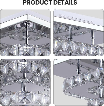 FRIXCHUR Dimmable Crystal Chandelier Ceiling Light with Remote Square Led Flush Mount Small Chandelier for Dining Room Kitchen Wedding Hallway Foyer,9.8"