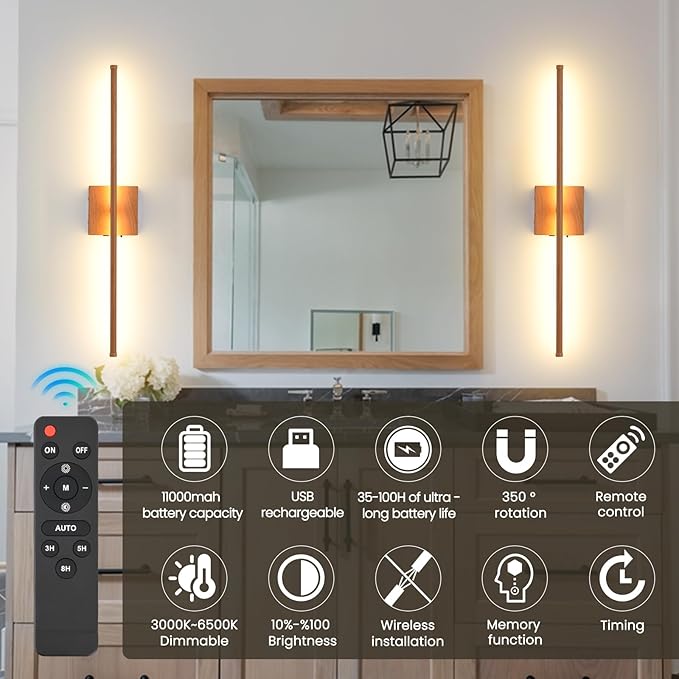 LED Battery Operated Wall Sconces, 11000mAh Faux Wood Texture Finish Wireless Wall Lights with Remote, 350°Rotate Dimmable Wall Lamp 3 Color Temperatures, for Bedroom Living Room Hallway, 2 Pack