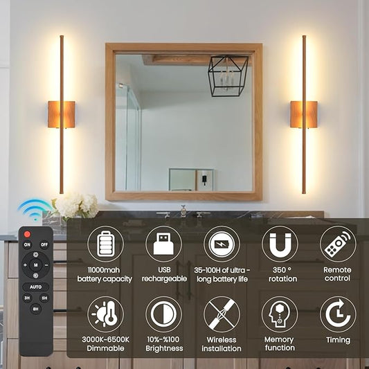 Battery Operated Wall Sconces, 11000mAh Rechargeable Faux Wood Texture Finish Wall Lights with Remote, 350° Rotatable Dimmable Wall Lamp 3 Color Temperatures, for Bedroom, Living Room, Hallway, 1 PCS