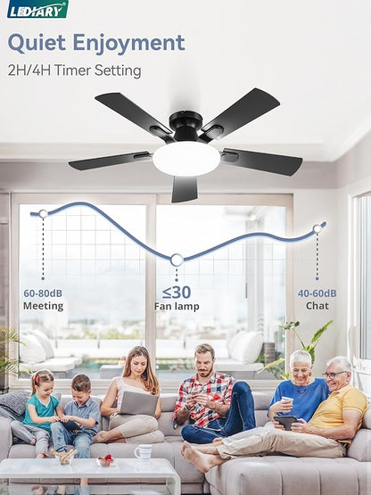 42 Inch Ceiling Fan with Lights and Remote, 30W 12" LED Panel Flush Mount Ceiling Fan, 6-Speed Quiet DC Motor Modern Low Profile Ceiling Fan with Reversible Blades for Bedroom, Bedroom, Patio