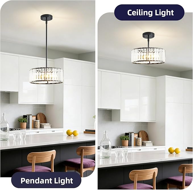 Black Crystal Chandelier for Dining Room,Modern Semi Flush Mount Ceiling Light Fixtures,3-Ligh Round Kitchen Hanging Drum Pendant Light Fixture for Hallway Entryway Foyer Laundry Room, 12''