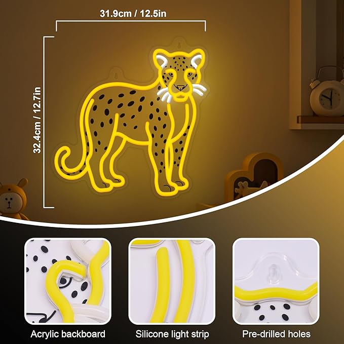 OkiyiD Cheetah Neon Sign, Cheetah Wall Art Decor Gifts with USB Power Wild Animal Themed Decor for Bedroom, Office, Game Room and Bar, Creates Vibrant Jungle Safari Ambient Lighting