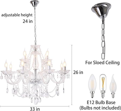 12-Light Contemporary Crystal Chandelier for Living Room, Double Layer Ceiling Light Fixture with Clear Crystals for Dining Room Hallway Staircase, E12 Base (Clear 12)