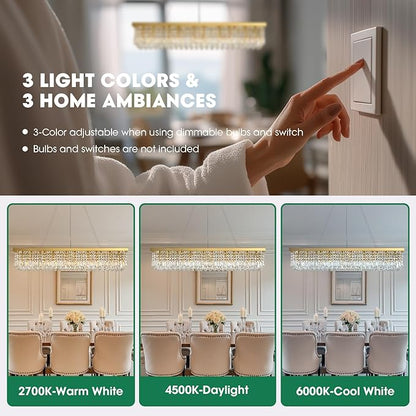 Gold Modern Crystal Chandeliers for Dining Room Light Fixture, 10-Light Rectangle Chandelier for Kitchen Island Living Room, L47.2 Inch