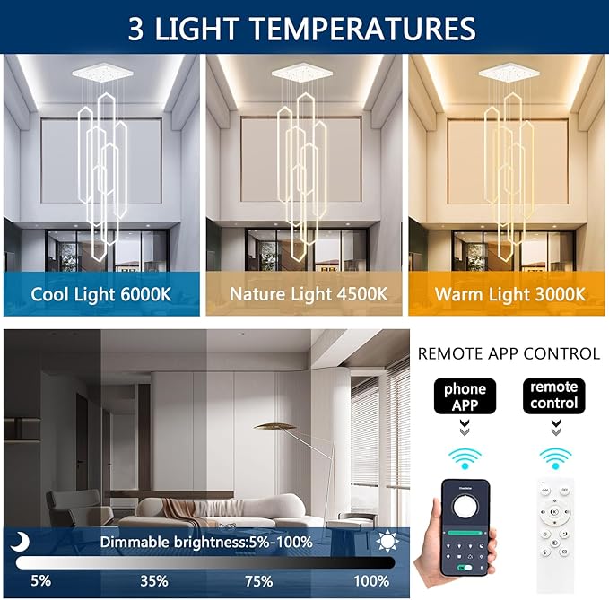 6-Rings Modern Chandelier White Large Contemporary LED Dimmable Light for Living Room Entrance High Ceiling Chandeliers with Remote Control for Villa Foyer
