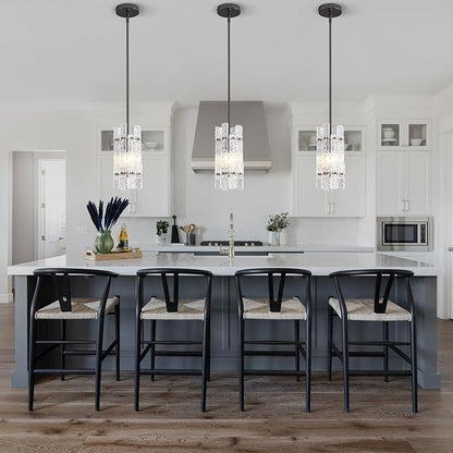 Modern Pearl Black Crystal Pendant Light for Kitchen Island, Luxury Mini Water Ripple Glass Chandelier Fixture, Square Adjustable Hanging Pendant Lighting for Dining Room Bedroom Hallway (1-Pack)