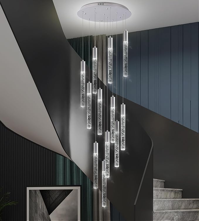 Modern High Ceiling Crystal Chandelier 12-Lights, Large Spiral LED Raindrop Foyer Pendant Lighting, Bubble Staircase Living Room Hanging Light Fixture Flush Mount Chrome