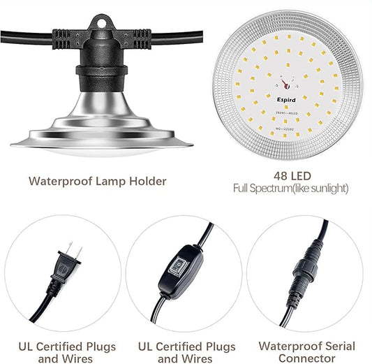 Outdoor LED Grow Lights for Greenhouse 12-Light Waterproof String Grow Light, Full Spectrum LED Plant Grow Light Lamp, Waterproof Greenhouse Grow Lights for Seedling, Veg, Flower