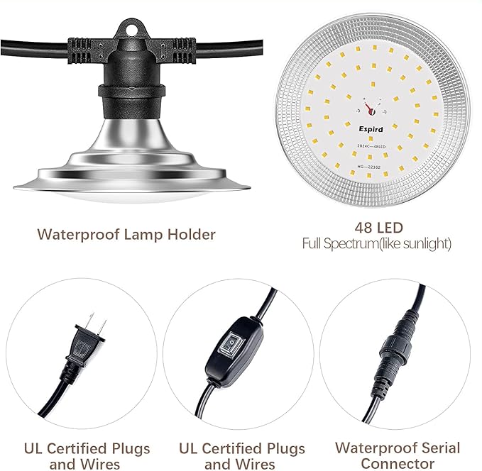 Outdoor LED Grow Lights for Greenhouse 6-Light Waterproof String Grow Light, Full Spectrum LED Plant Grow Light Lamp, Waterproof Greenhouse Grow Lights for Seedling, Veg, Flower